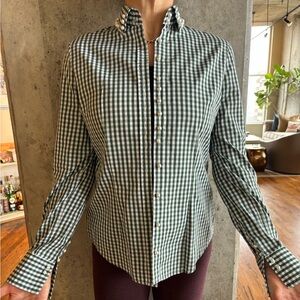 Gorsuch Green Gingham fitted blouse with pearl collar, cuff, and button down.